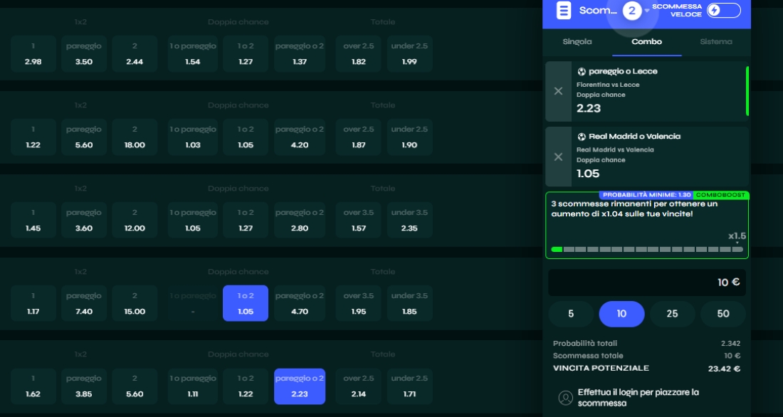 Dettagli della tua scommessa combo Schedina combo con più selezioni, quote evidenziate, importo puntato e vincita potenziale