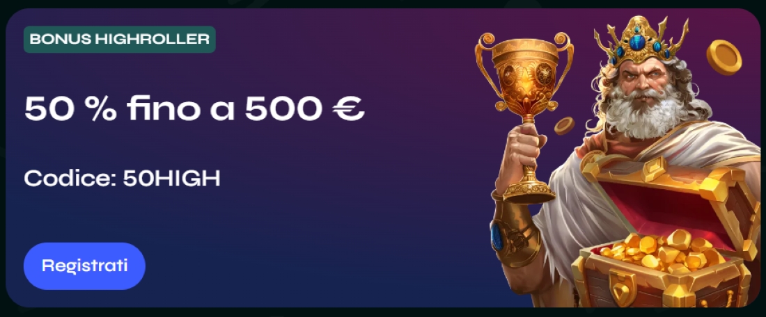Promo highroller Savaspin con codice bonus dedicato Banner del casinò Savaspin con bonus highroller, codice 50HIGH e personaggio con coppa e forziere di monete