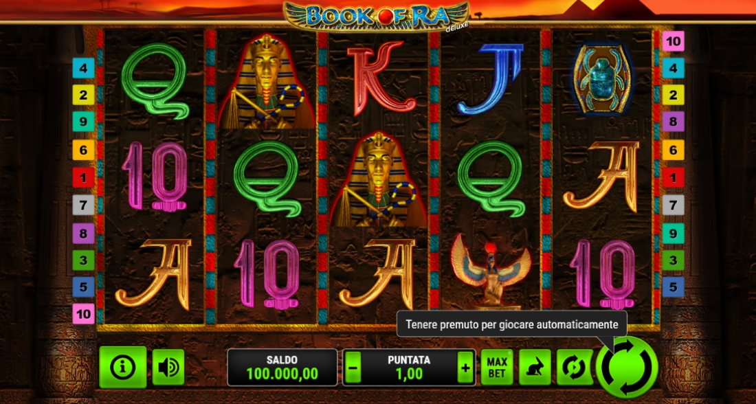 Schermata di gioco Book of Ra disponibile su Savaspin Interfaccia di gioco Book of Ra su Savaspin con rulli egizi, simboli colorati e pannello di puntata attivo