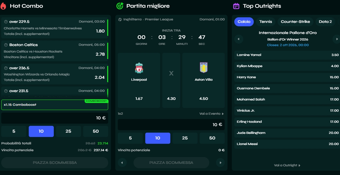 Combo caldi e migliori quote disponibili Sezione con combo consigliati, conto alla rovescia partite e quote outrights per vari tornei