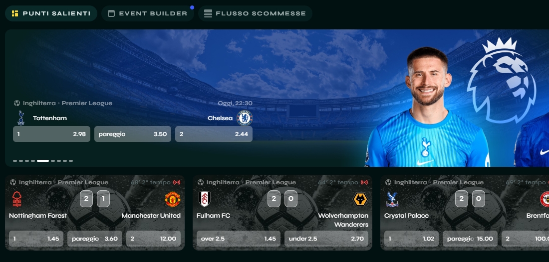 Quote per Tottenham–Chelsea live Schermata con Tottenham contro Chelsea, quote principali e giocatore mostrato a destra