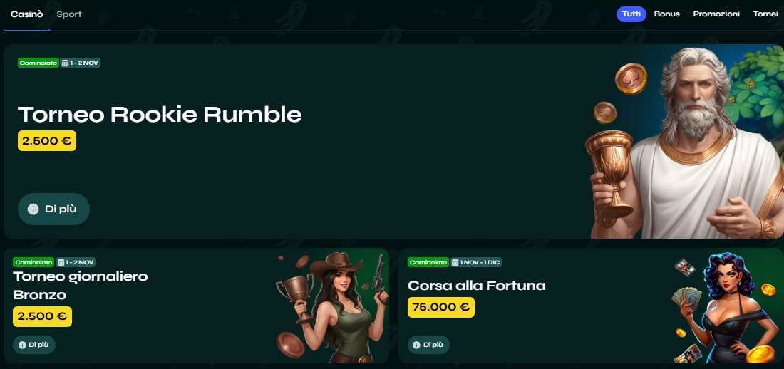 Panoramica tornei Rookie Rumble Schermata dei tornei Savaspin con sezione dedicata al Rookie Rumble e personaggi illustrati a lato