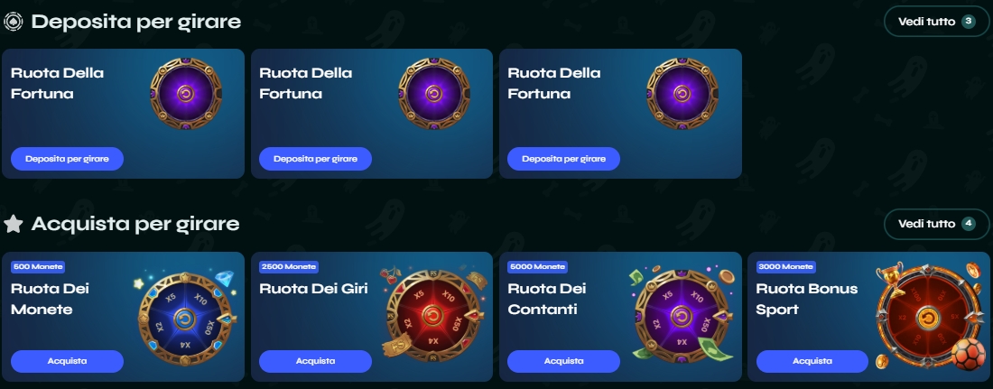 Varie ruote bonus disponibili Sezione ruote bonus Savaspin con diverse opzioni di Ruota della Fortuna e premi visibili nelle card