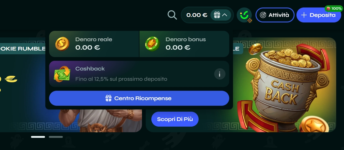 Bilancio e bonus nel popup Savaspin Popup del saldo Savaspin con denaro reale e bonus visibili, insieme alla scheda Cashback attiva