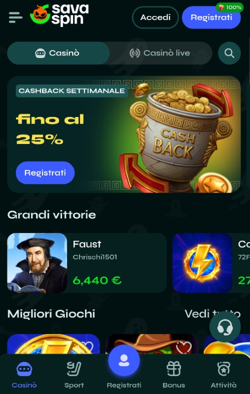 Pagina iniziale del casinò mobile Savaspin Schermata mobile del casinò Savaspin con banner cashback 25%, giochi popolari e pulsante Registrati