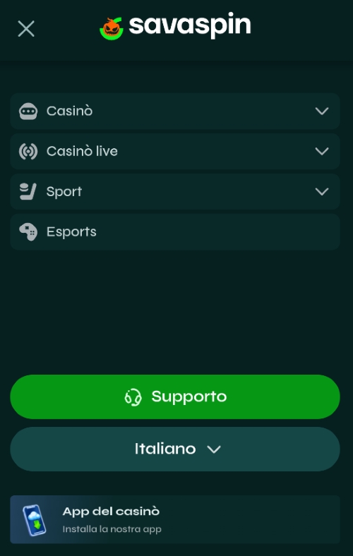Menu principale dell’app Savaspin Mobile Menu mobile Savaspin con sezioni Casinò, Live, Sport, Esports e pulsanti per supporto e scelta lingua