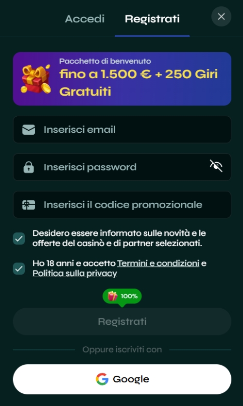 Pagina di registrazione mobile del casinò Savaspin Modulo di registrazione mobile Savaspin con campi per email, password e promozioni, insieme all’offerta di benvenuto