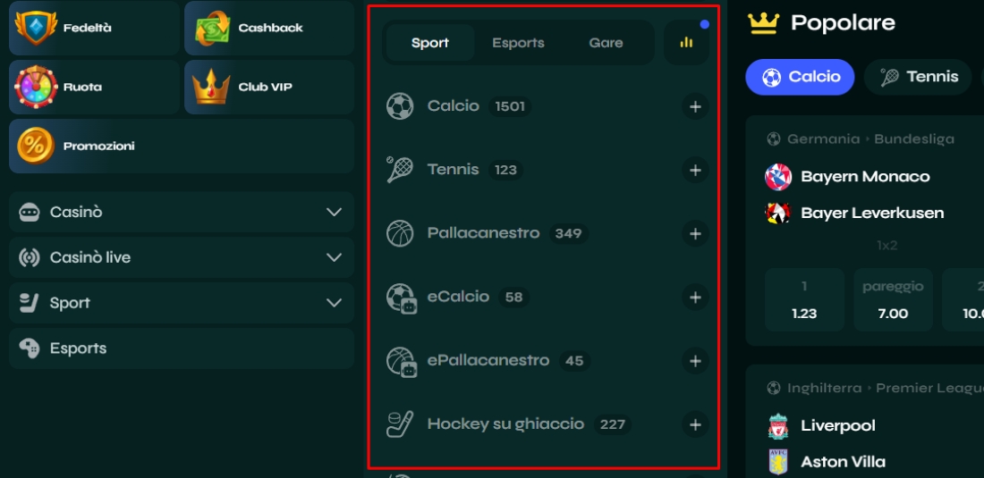 Categorie sportive disponibili ora Menu sportivo con elenco discipline come calcio, tennis e pallacanestro e numero eventi disponibili